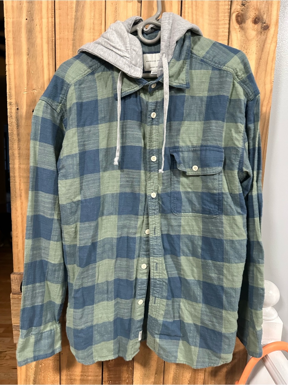 AE Men's Green & Blue Plaid Hooded Flannel Shirt Jacket L